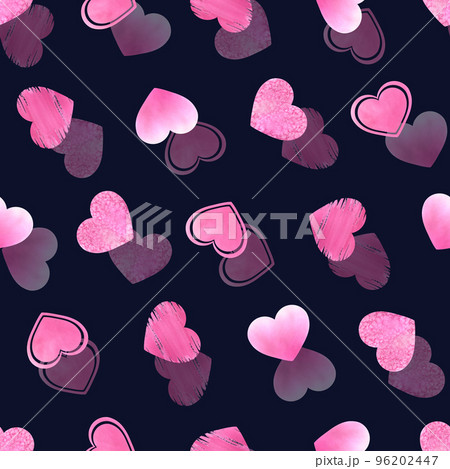 Bright pink hearts of different textures on a dark blue background. Watercolor illustration. Seamless pattern from the VALENTINE'S DAY collection. For packaging paper, decoration and design 96202447