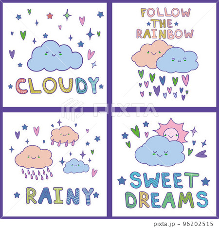 Cute cards set with hand drawn clouds kawaii . Can be used for baby shower, birthday, babies clothes, notebook cover design. Vector cartoon style EPS 96202515