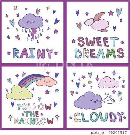 Cute cards set with hand drawn clouds kawaii . Can be used for baby shower, birthday, babies clothes, notebook cover design. Vector cartoon style EPS 96202517