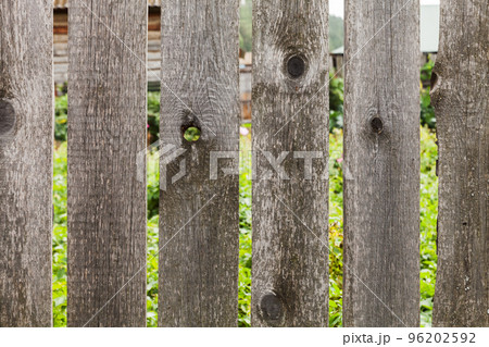 Old wooden fence with gaps, rural background texture 96202592