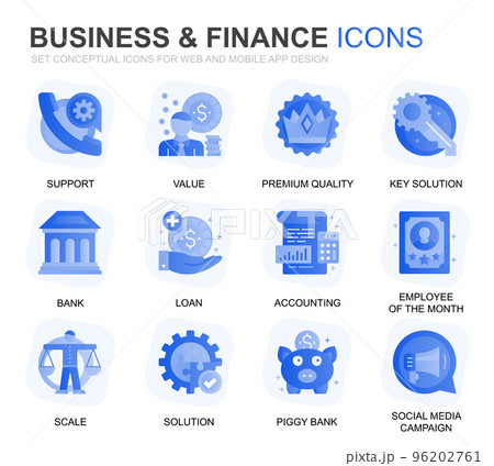 Modern Set Business and Finance Gradient Flat Icons for Website and Mobile Apps. Contains such Icons as Analysis, Money, Accounting, Strategy, Bank. Conceptual color flat icon. Vector pictogram pack. 96202761