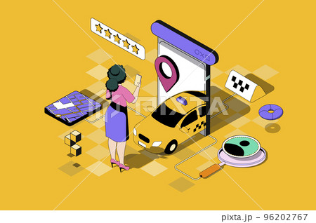 Taxi booking web concept in 3d isometric design. Woman holding smartphone with taxi application, ordering car with top rating and tracking online. Vector web illustration with people isometry scene Taxi booking web concept in 3d isometric design. Woman holding smartphone with taxi application, ordering car with top rating and tracking online. Vector web illustration with people isometry scene 96202767