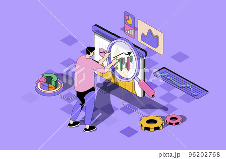 SEO optimization web concept in 3d isometric design. Man makes analytics of internet sites and search engines optimization using marketing tools. Vector web illustration with people isometry scene 96202768