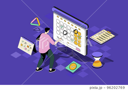 Time planning web concept in 3d isometric design. Man setting priority tasks, marks meetings and makes notes on calendar, workflow management. Vector web illustration with people isometry scene Time planning web concept in 3d isometric design. Man setting priority tasks, marks meetings and makes notes on calendar, workflow management. Vector web illustration with people isometry scene 96202769