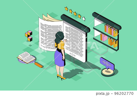 Online reading web concept in 3d isometric design. Woman reading e-book from mobile app, using virtual library and buying at internet bookstore. Vector web illustration with people isometry scene Online reading web concept in 3d isometric design. Woman reading e-book from mobile app, using virtual library and buying at internet bookstore. Vector web illustration with people isometry scene 96202770