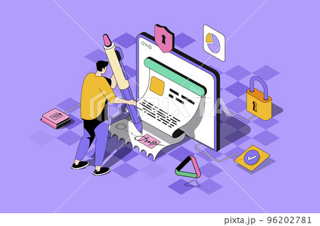 Electronic contract web concept in 3d isometric design. Man signing legal document in online form with digital signature on smartphone or laptop. Vector web illustration with people isometry scene 96202781