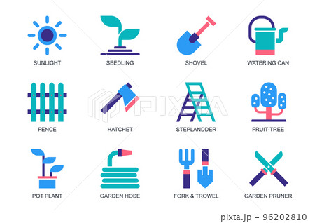Garden concept of web icons set in simple flat design. Pack of sunlight, seedling, shovel, watering can, fence, hatchet, stepladder, fruit tree, pot plant, pruner. Vector pictograms for mobile app 96202810