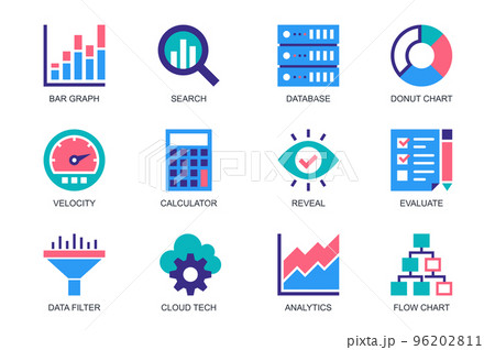Data Analytics concept of web icons set in simple flat design. Pack of bar graph, search, database, donut chart, velocity, calculator, reveal, evaluate, cloud tech. Vector pictograms for mobile app 96202811