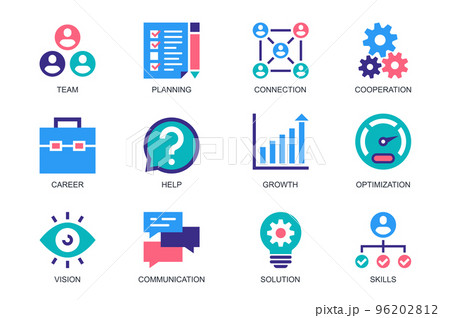 Teamwork concept of web icons set in simple flat design. Pack of team, planning, connection, cooperation, career, help, growth, optimization, vision, solution, skills. Vector pictograms for mobile app 96202812