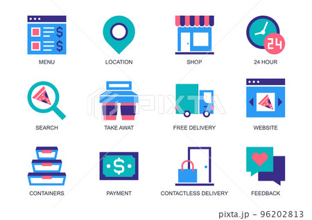 Food Delivery concept of web icons set in simple flat design. Pack of menu, location, shop, 24 hours, search, take away coffee cups, containers, payment, feedback. Vector pictograms for mobile app 96202813