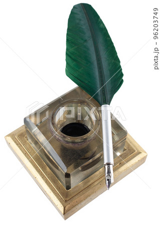 Old vintage feather quill with glass inkwell 96203749