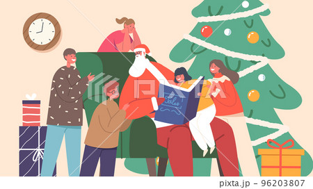 Santa Claus Character Read Stories to Children, Saint Nicholas Sitting on Armchair at Decorated Fir-Tree with Book 96203807