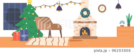 Christmas Room with Decorated Tree, Armchair, Gifts, Garland and Clock on Wall. Interior for Xmas Celebration 96203808