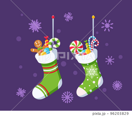 Green Knitted Christmas Socks, Isolated Winter Collection of Stockings with Sweets and Traditional Desserts 96203829