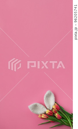 knitted white hare ears with red and yellow tulips on pink background, vertical, 16 knitted white hare ears with red and yellow tulips on pink background, vertical, 16 96205741
