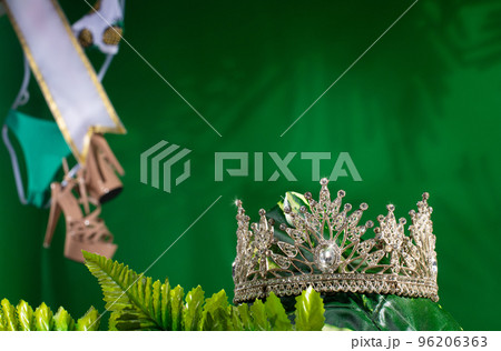 Green Forest Diamond Crown put into Jungle Woods nature leaves for Miss Beauty Pageant Contest Competition and bikini sash hang on outing trip camping background. Concept save beautiful natural forest Green Forest Diamond Crown put into Jungle Woods nature leaves for Miss Beauty Pageant Contest Competition and bikini sash hang on outing trip camping background. Concept save beautiful natural forest 96206363