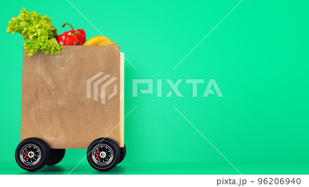 Delivery of the grocery with a shopping bag on wheels with green background Delivery of the grocery with a shopping bag on wheels with green background 96206940