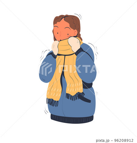 Young woman wearing warm jacket, scarf and mittens freezing and shivering. Girl trying to warm during winter or autumn season cartoon vector illustration Young woman wearing warm jacket, scarf and mittens freezing and shivering. Girl trying to warm during winter or autumn season cartoon vector illustration 96208912