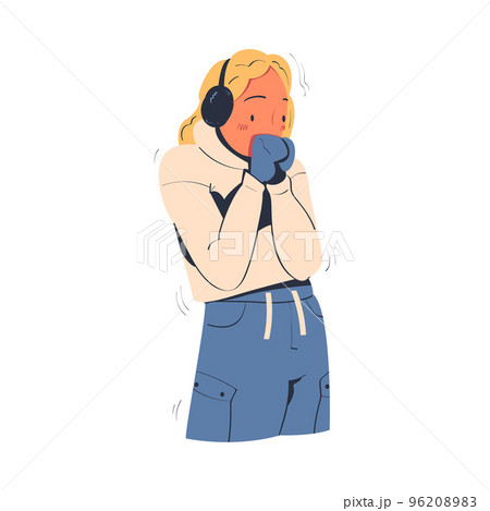 Young woman freezing and shivering wearing winter clothes. Girl warming hands during winter or autumn season cartoon vector illustration Young woman freezing and shivering wearing winter clothes. Girl warming hands during winter or autumn season cartoon vector illustration 96208983