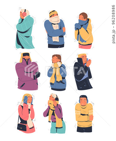 People freezing and shivering wearing warm clothes set. Men and women trying to warm during winter or autumn season cartoon vector illustration People freezing and shivering wearing warm clothes set. Men and women trying to warm during winter or autumn season cartoon vector illustration 96208986