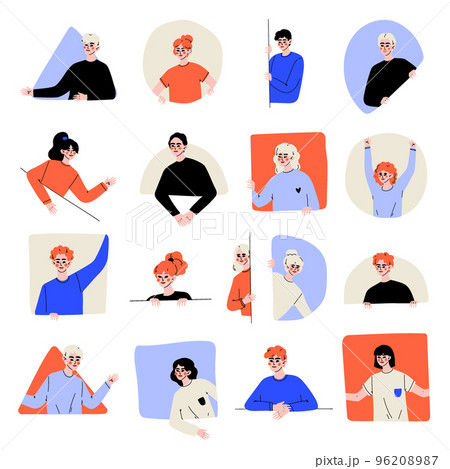 Young People Characters Looking Out of Geometric Shape Window Big Vector Set Young People Characters Looking Out of Geometric Shape Window Big Vector Set 96208987