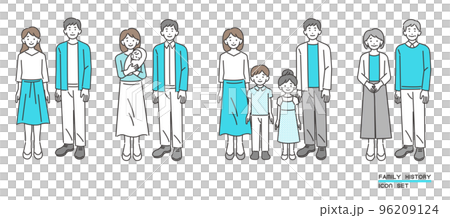 從婚姻到老年人/兒童/育兒的家庭成長相關的矢量插圖 96209124