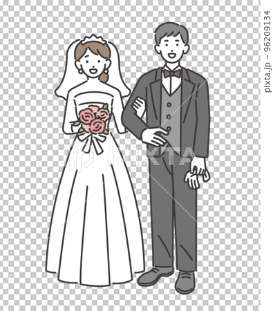 笑顔の新郎新婦のベクターイラスト素材／ブライダル／ウエディング／ドレス 96209134