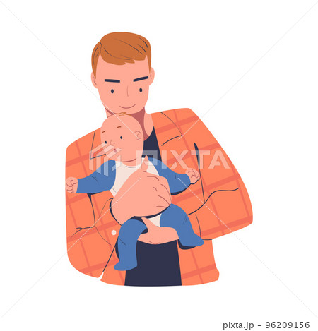 Dad holding his baby with tenderness. Cheerful father hugging newborn baby expressing love and care cartoon vector illustration 96209156