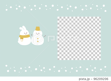 雪だるまとウサギのほのぼの可愛い写真フレーム付きの冬のポストカード(文字なし) 96209206