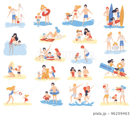 Family at Beach Scene with Father, Mother and Kid Having Fun Splashing in Water Big Vector Set 96209463