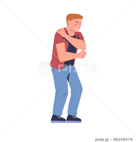 Young man suffering from shoulder pain. Man feeling pain in body caused by illness or injury cartoon vector illustration Young man suffering from shoulder pain. Man feeling pain in body caused by illness or injury cartoon vector illustration 96209479