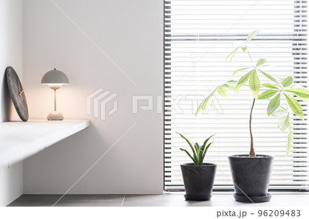 時計とライトスタンドと観葉植物 96209483
