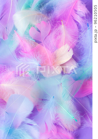 Background with decorative elements of multi-colored feathers, pink, blue, mint,purple colors 96210505
