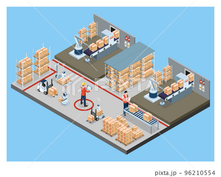 3D isometric automated warehouse robots and Smart warehouse technology Concept with Warehouse Automation System and Robot Transportation operation service. Vector illustration EPS 10 96210554