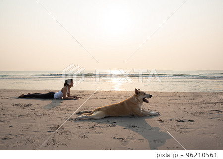 Young healthy woman and dog doing Upward Dog Yoga Position on the beach... 96210561