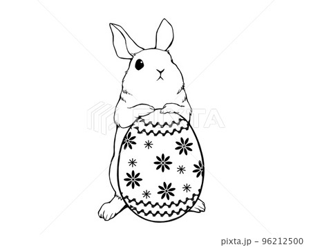 イースターエッグ持つウサギの白黒イラスト イースターエッグ持つウサギの白黒イラスト 96212500