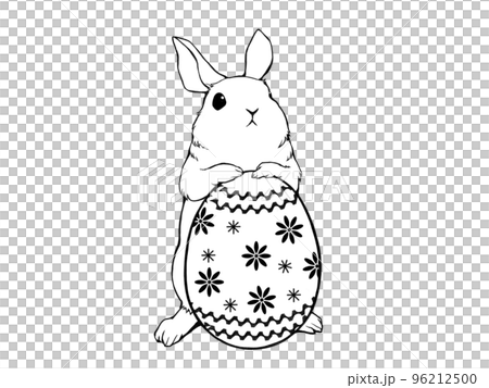 イースターエッグ持つウサギの白黒イラスト イースターエッグ持つウサギの白黒イラスト 96212500