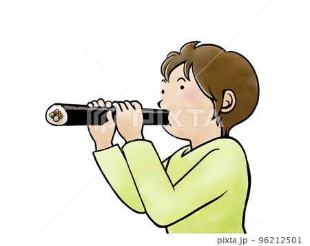 恵方巻きを食べる人物のシンプルな水彩イラスト 96212501