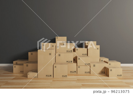 Stack of closed cardboard boxes wrapped with adhesive on the floor. Concept of moving and shipping Stack of closed cardboard boxes wrapped with adhesive on the floor. Concept of moving and shipping 96213075