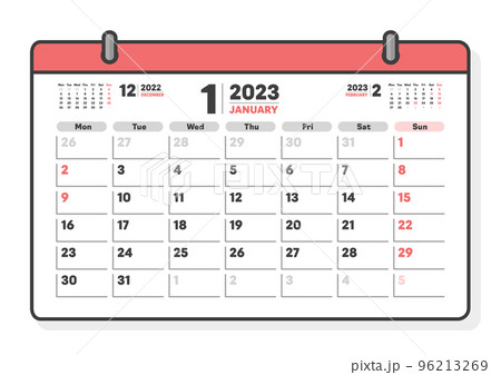 日本の祝日入りの2023年1月のカレンダー - 月曜始まりの月めくりカレンダー - 3ヶ月分・A版比のイラスト素材 [96213269] - PIXTA