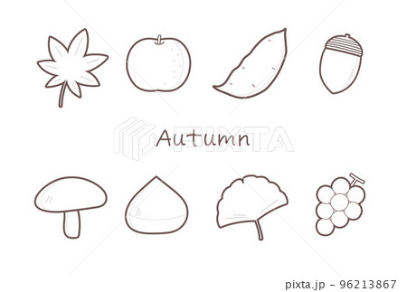 秋の紅葉・味覚の線画セット 96213867
