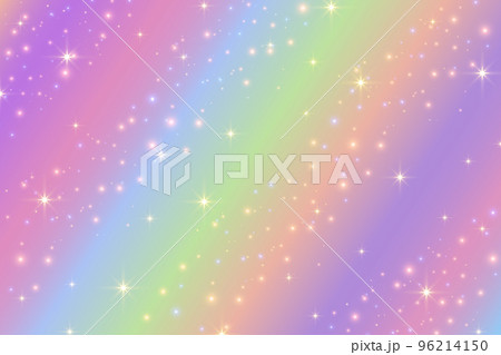 Rainbow fantasy background. Holographic illustration in pastel colors. Cute cartoon girly background. Bright multicolored sky with stars. Vector. 96214150