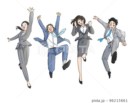 ジャンプするスーツ姿の男女のイラストのイラスト素材
