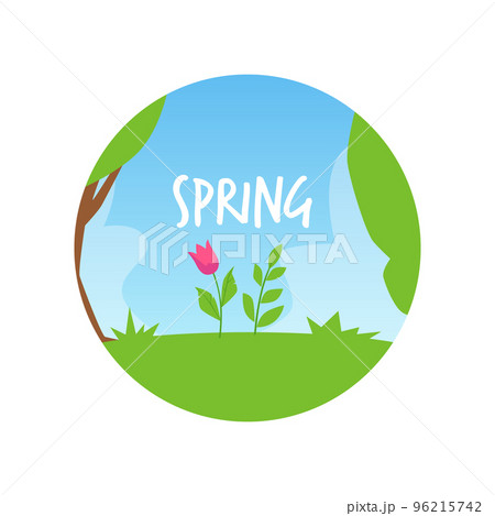 Spring circle banner or frame with landscape flat vector illustration isolated. 96215742