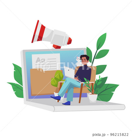 Copywriter character creates a selling text, flat vector illustration isolated. 96215822