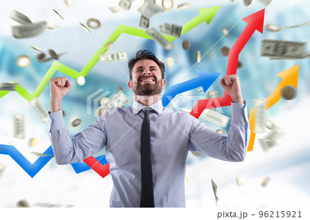 Happy businessman with growth exponential gain statistics 96215921