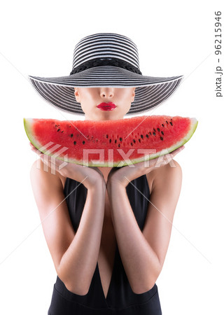 Summertime concept with girl and watermelon Summertime concept with girl and watermelon 96215946