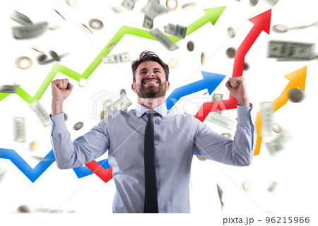 Happy businessman with growth exponential gain statistics Happy businessman with growth exponential gain statistics 96215966