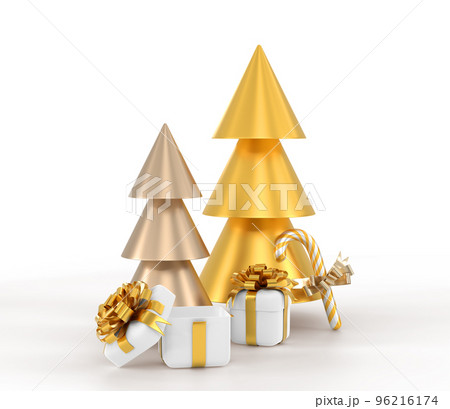 Christmas and New Year composition 3d render. Xmas golden and bronze pine fir trees, gift boxes, caramel candy cane with bow on white background. Mockup greeting card, banner, poster 96216174