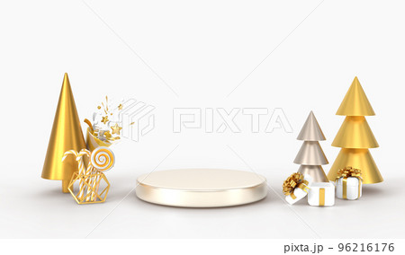 Podium with Christmas trees, gift boxes, candy canes, party popper and confetti, 3d render. Mock up empty stage, platform with white and gold New Year decoration for display product 96216176